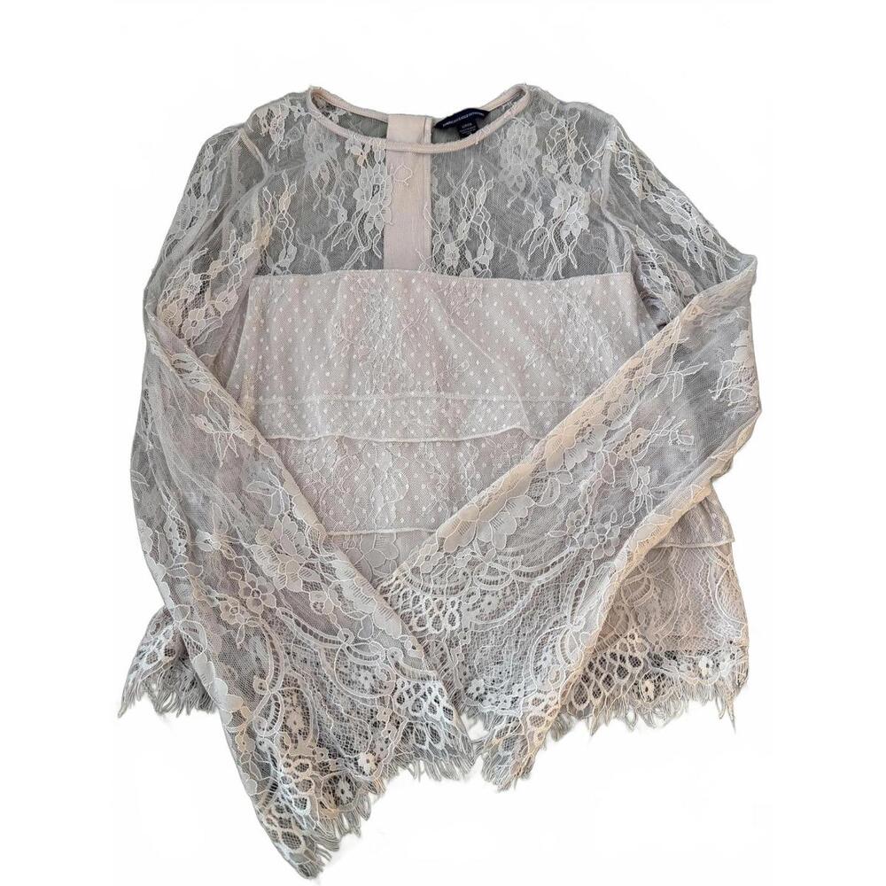 American Eagle Whimsigoth Romantic Lacy Pale Pink Long Sleeve‎ Sheer Blouse SZ S